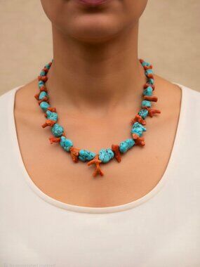 Natural Kingman Turquoise Nugget with Coral Necklace